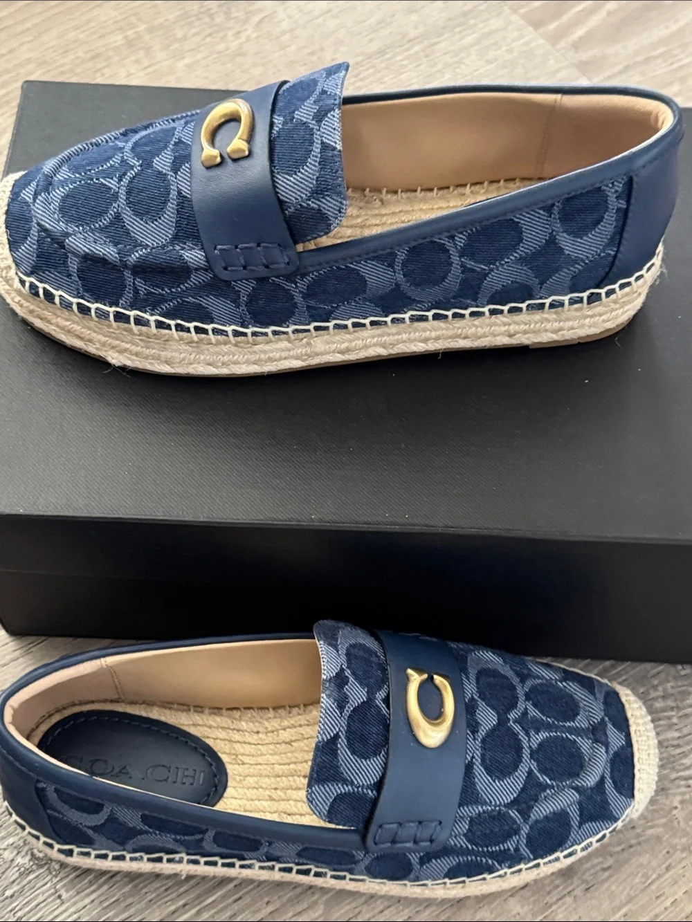 Coach Navy Signature Canvas Espadrille Loafers with Gold Hardware